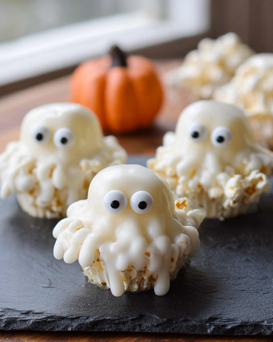 Close-up of three Ghost Popcorn Cups, decorated with white chocolate and candy eyes, on a dark slate.