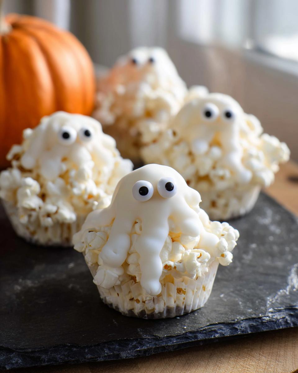 Four adorable Ghost Popcorn Cups with candy eyes, sitting on a dark slate.