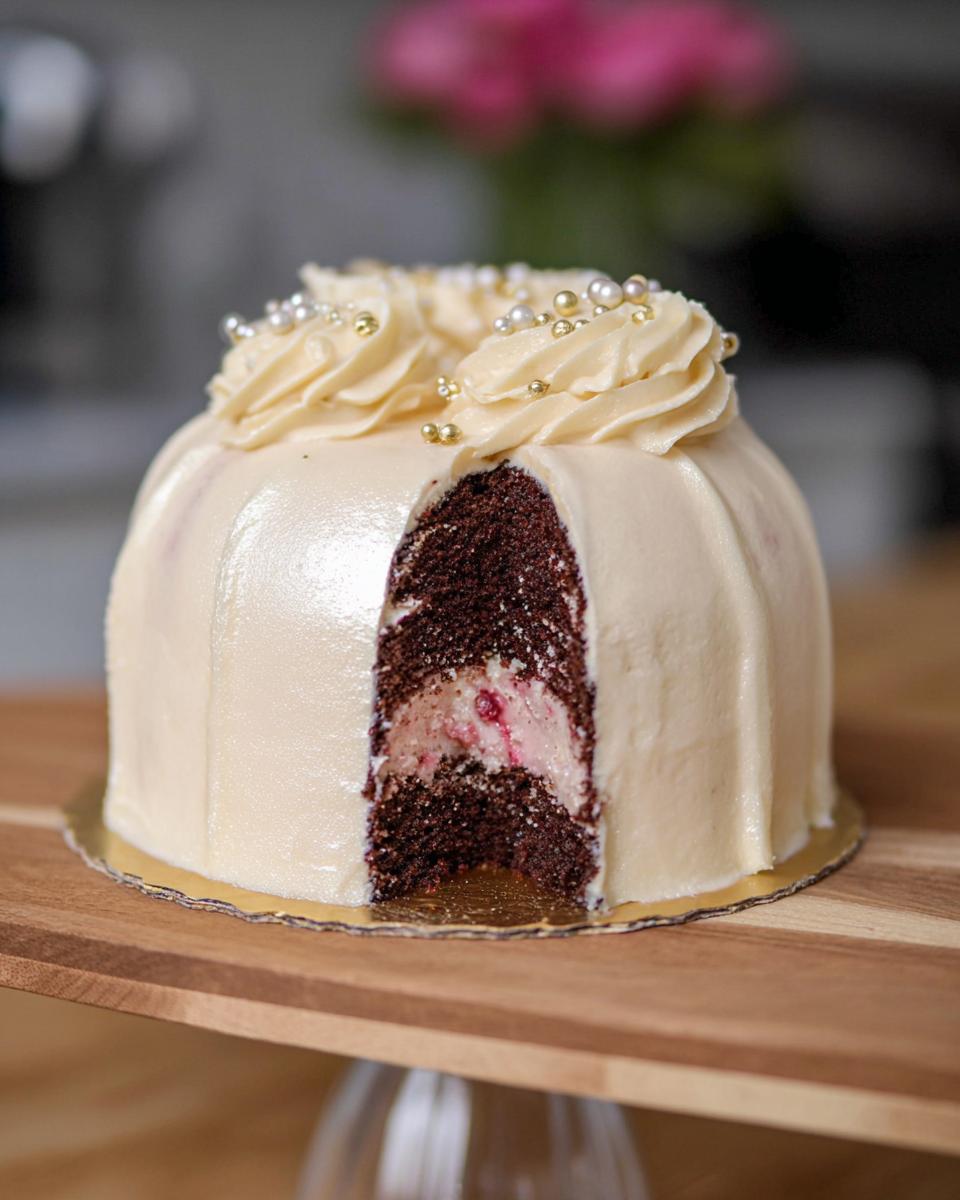A slice removed from a Gold-Dusted Bundt Cake showing dark chocolate layers and a pink cream filling.