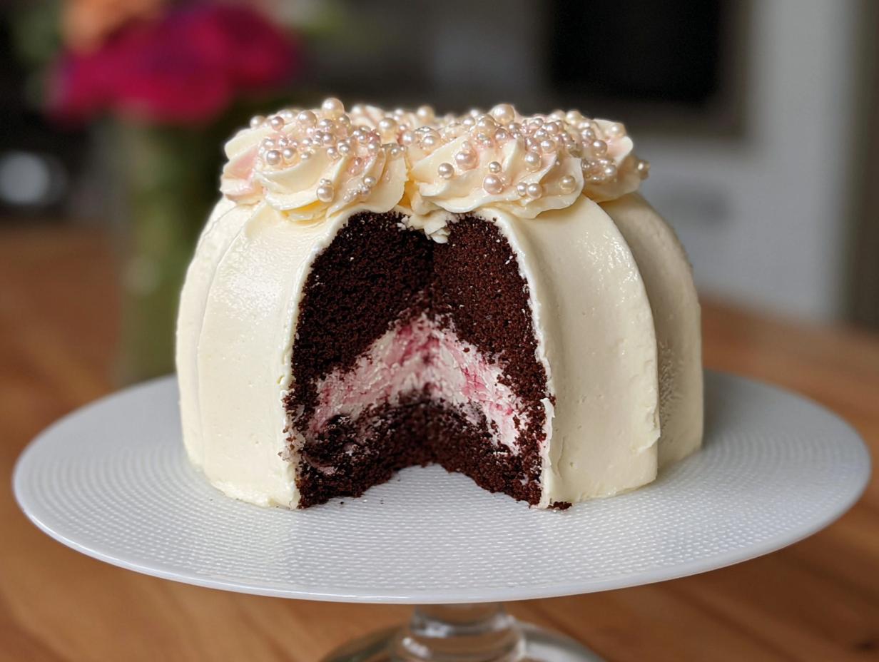 A slice removed from a rich chocolate Gold-Dusted Bundt Cake showing white frosting and pink filling.
