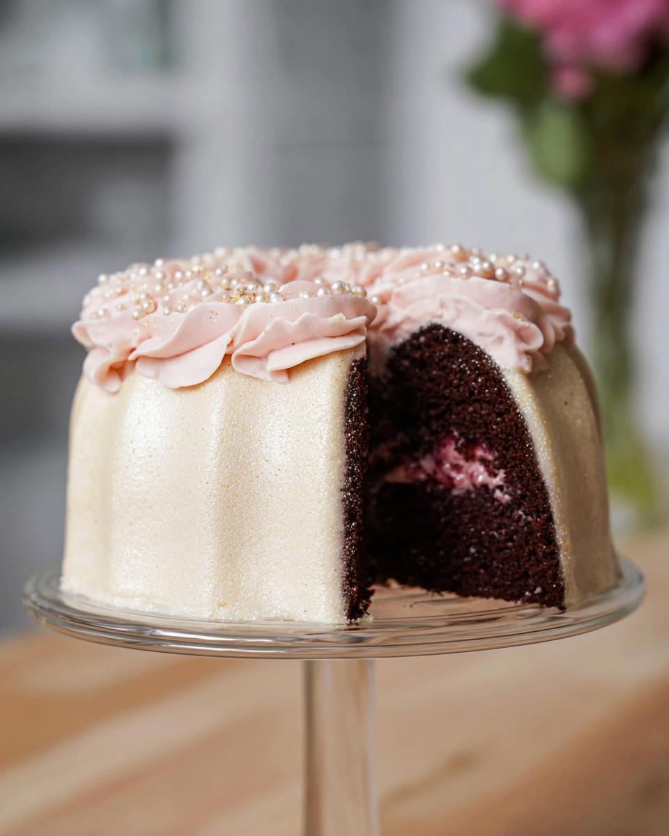 A slice cut from a Gold-Dusted Bundt Cake showing dark chocolate interior with cherry filling, topped with white frosting and pearls.