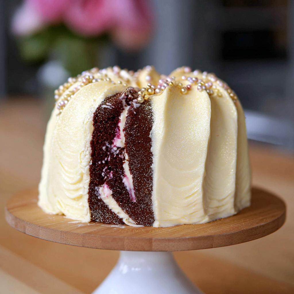 A slice removed from a Gold-Dusted Bundt Cake showing rich red velvet layers and white frosting.