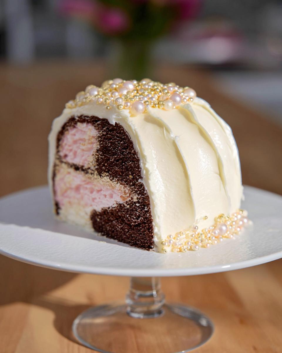 A slice of Gold-Dusted Bundt Cake showing marbled chocolate and pink filling, covered in white frosting and edible gold pearls.