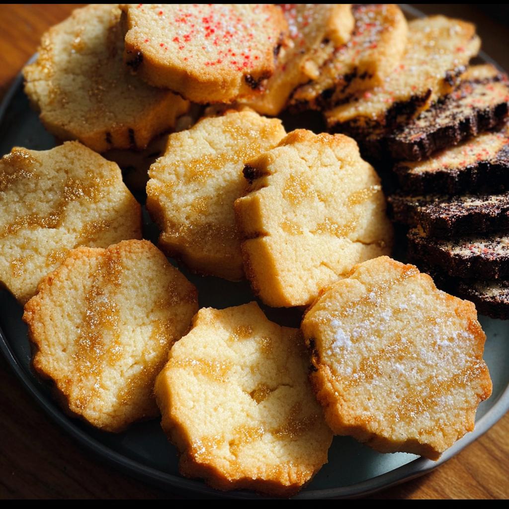 A plate filled with slices of Gold-Dusted Shortbread cookies, some plain, some with sprinkles, and some chocolate variations.