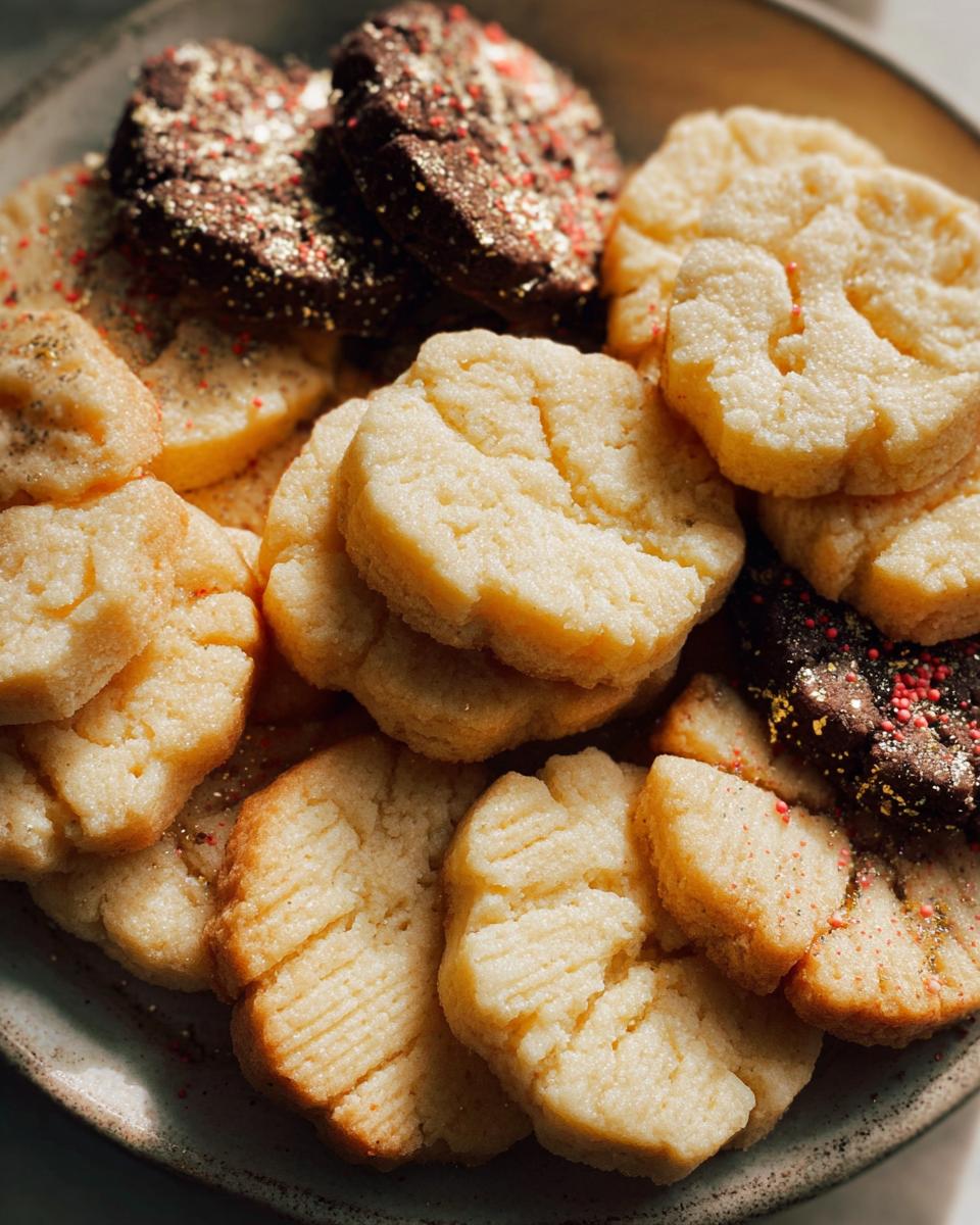 A close-up of assorted shortbread cookies, some plain and some chocolate, sprinkled with gold dust.