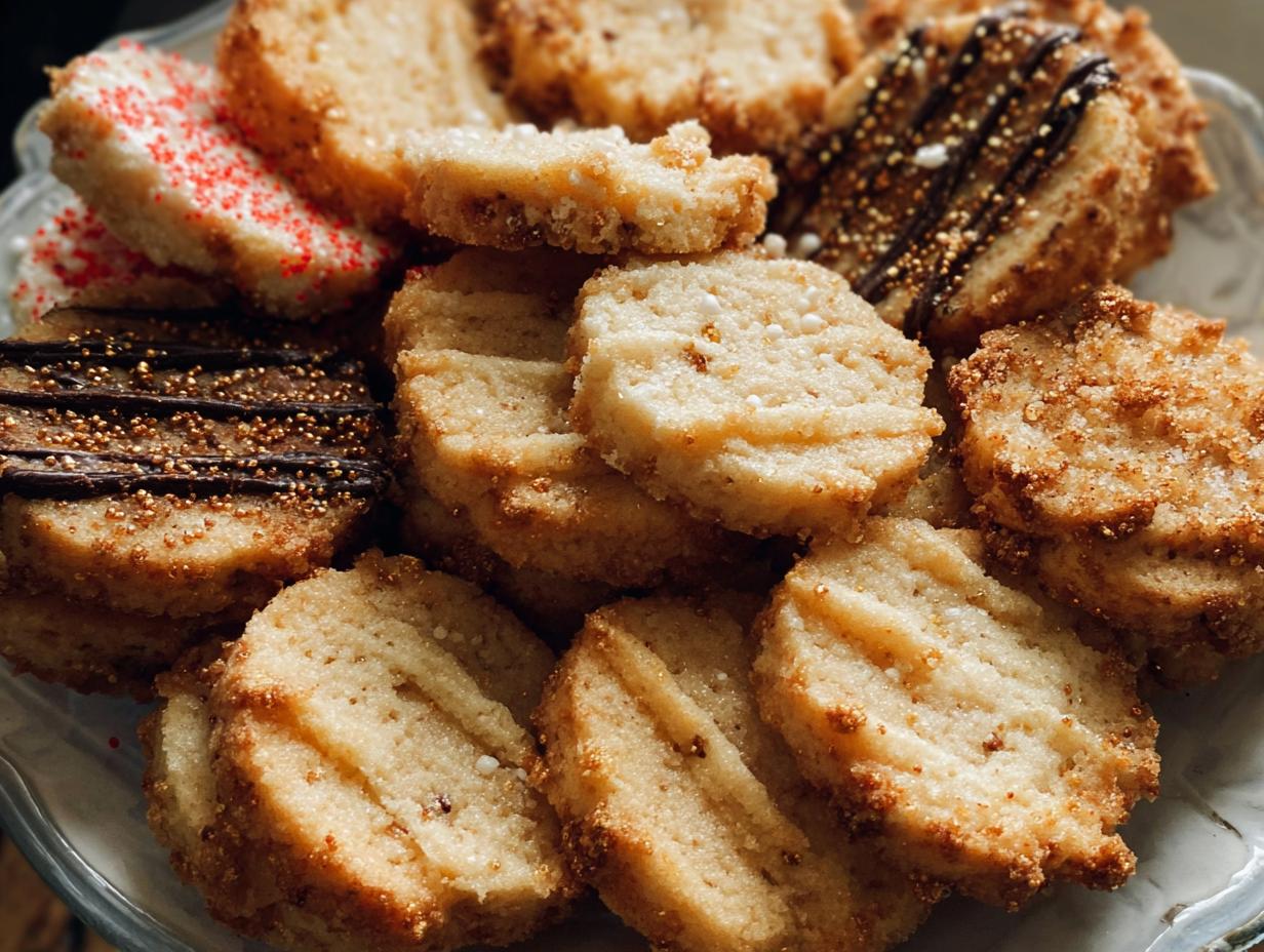 A close-up of various decorated Gold-Dusted Shortbread cookies piled on a platter.