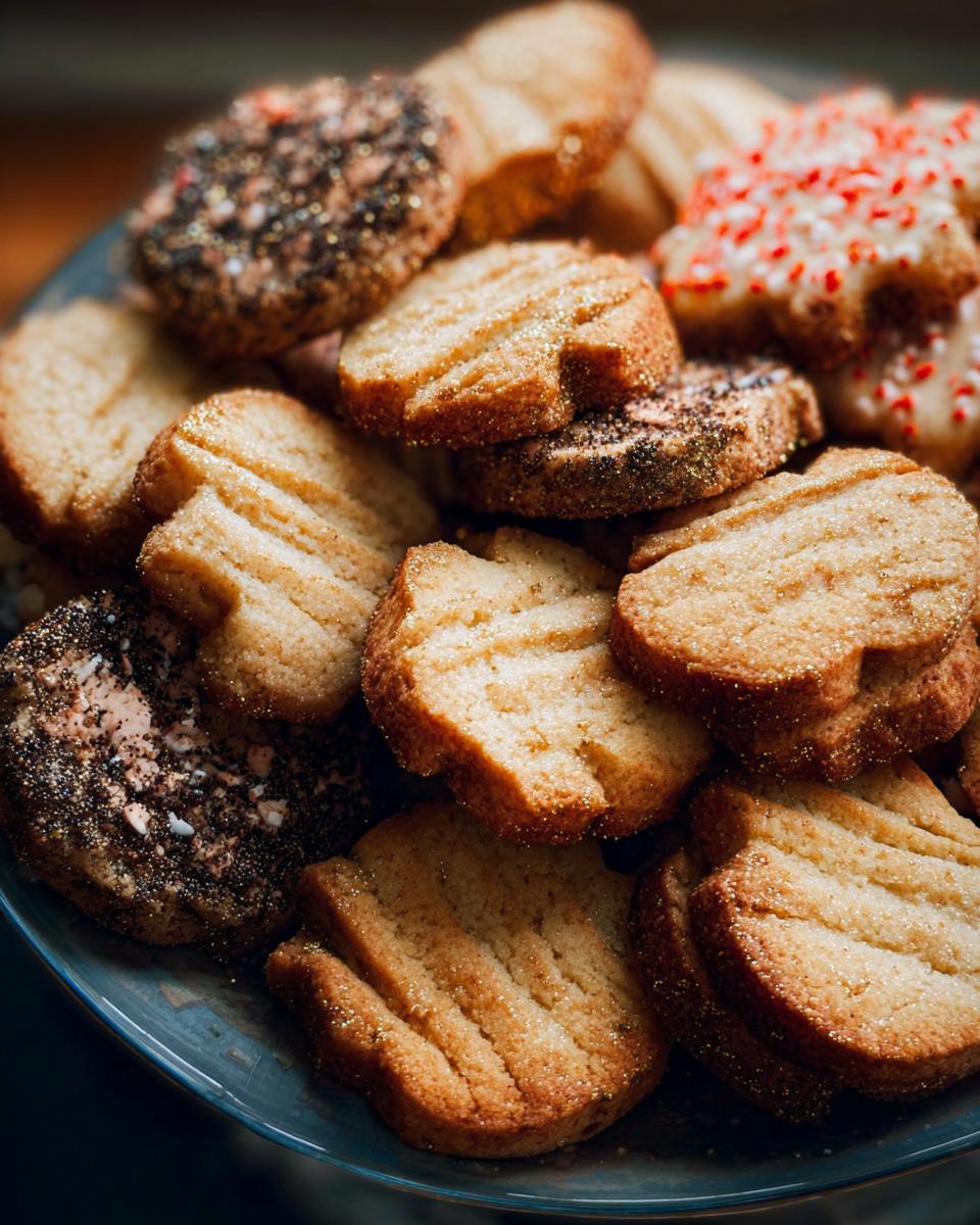 A close-up pile of freshly baked Gold-Dusted Shortbread cookies, some plain and some decorated with sprinkles.