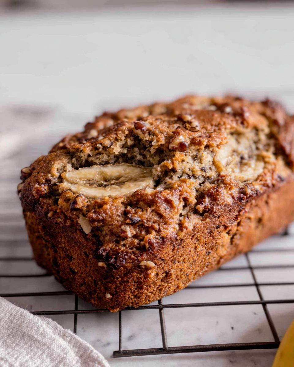 A golden brown loaf of Banana Bread Minis topped with nuts and a slice of banana, cooling on a wire rack.