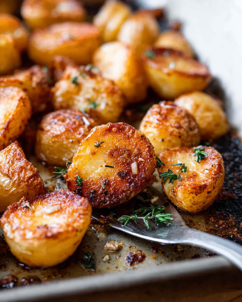 Close-up of golden brown Crispy Roasted Potatoes seasoned with thyme leaves on a baking sheet.