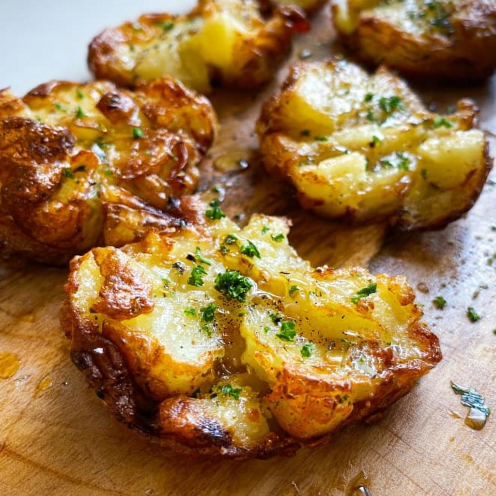 Close-up of golden brown, buttery Crispy Smash Potatoes sprinkled with fresh parsley.