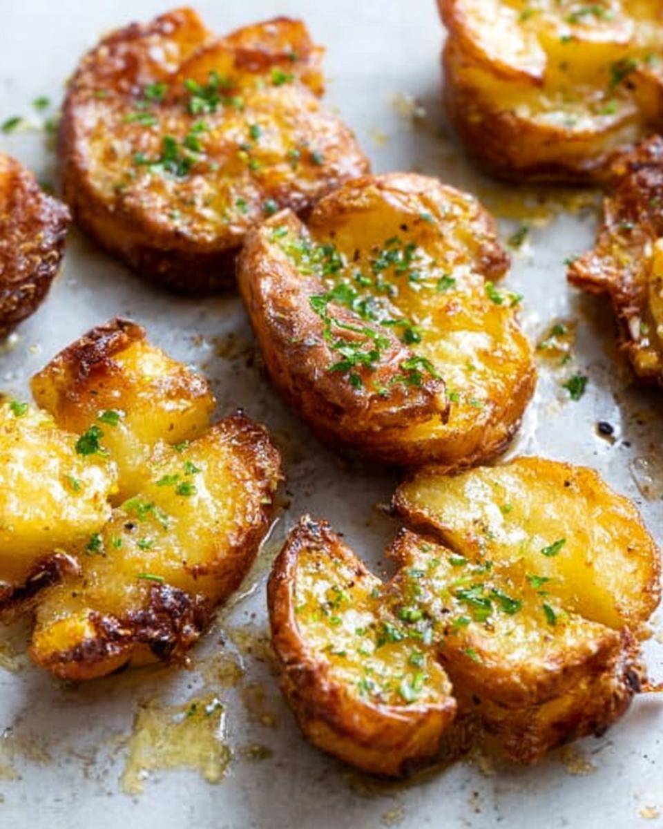 Close-up of golden brown, perfectly roasted Crispy Smash Potatoes sprinkled with fresh green parsley.