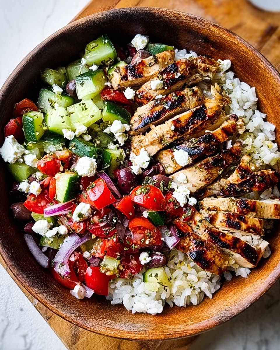 Close-up of a Greek Chicken Salad Bowl featuring sliced grilled chicken, rice, cucumbers, tomatoes, olives, and feta cheese.