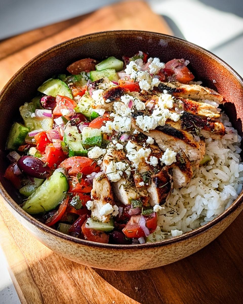 Close-up of Greek Chicken Salad Bowls featuring grilled chicken, rice, cucumber, tomato, olives, and feta cheese.