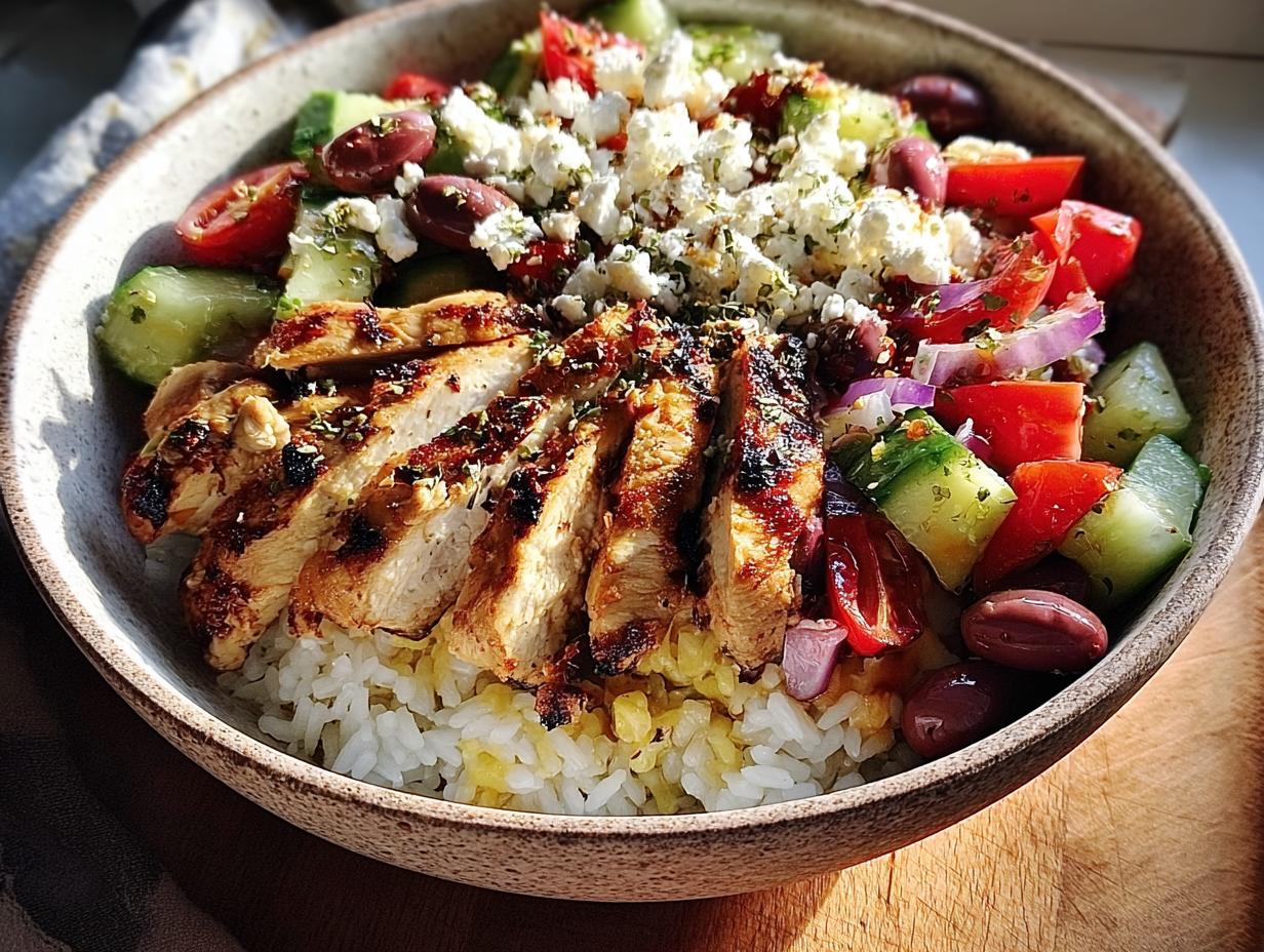 Close-up of delicious Greek Chicken Salad Bowls featuring sliced grilled chicken over rice, topped with cucumber, tomato, feta, and olives.