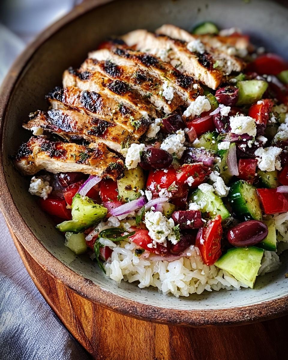 A close-up of grilled, sliced chicken served over rice, Greek salad vegetables, feta, and olives in Greek Chicken Salad Bowls.