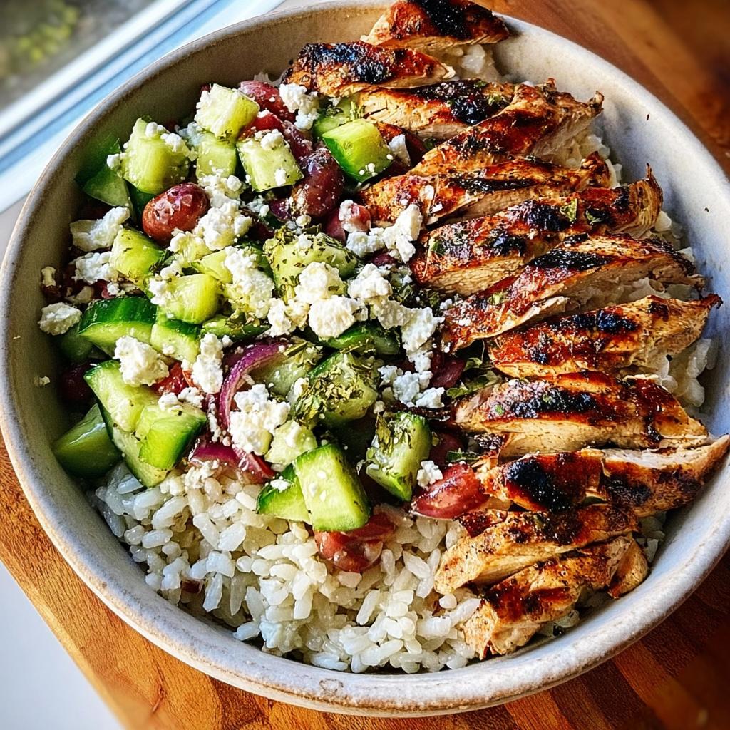 Close-up of a Greek Chicken Salad Bowl featuring grilled sliced chicken, rice, cucumber, red onion, olives, and crumbled feta cheese.