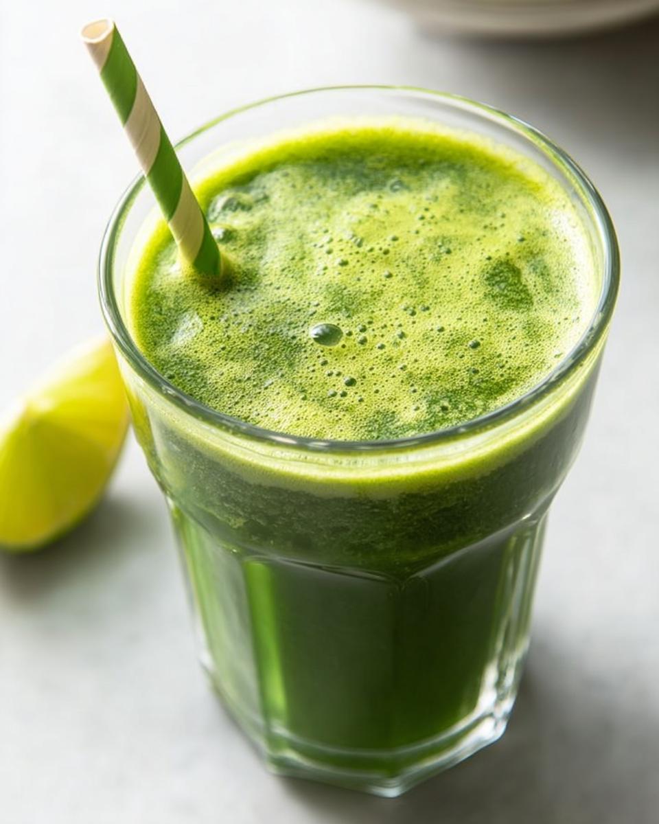 Close-up of a vibrant Green Detox Smoothie topped with foam, served with a striped straw and a lime wedge.