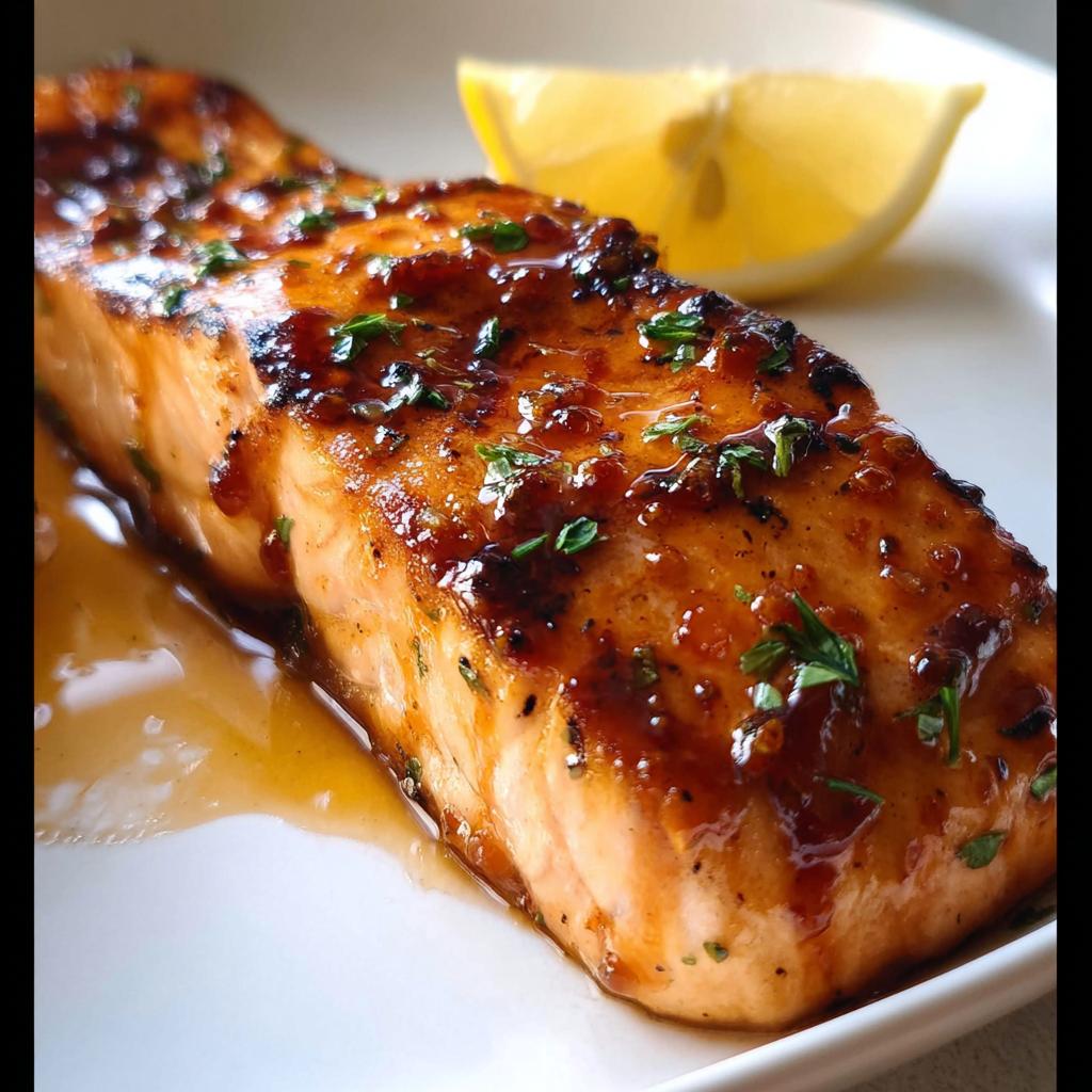 A perfectly cooked piece of grilled salmon for beginners, glazed and garnished with parsley, served with a lemon wedge.