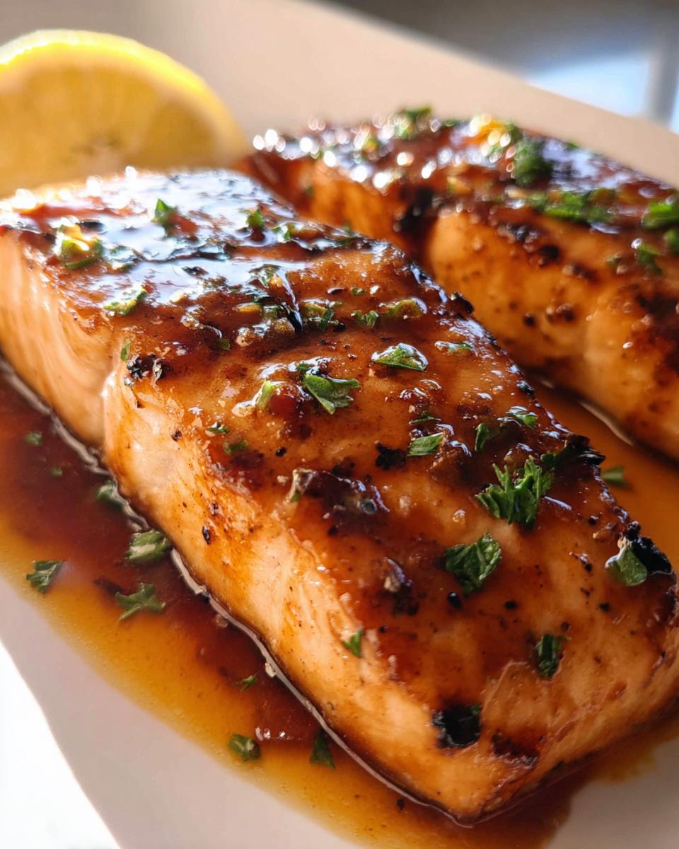 Two glistening fillets of grilled salmon for beginners, glazed with a rich sauce and sprinkled with fresh parsley, served with a lemon wedge.