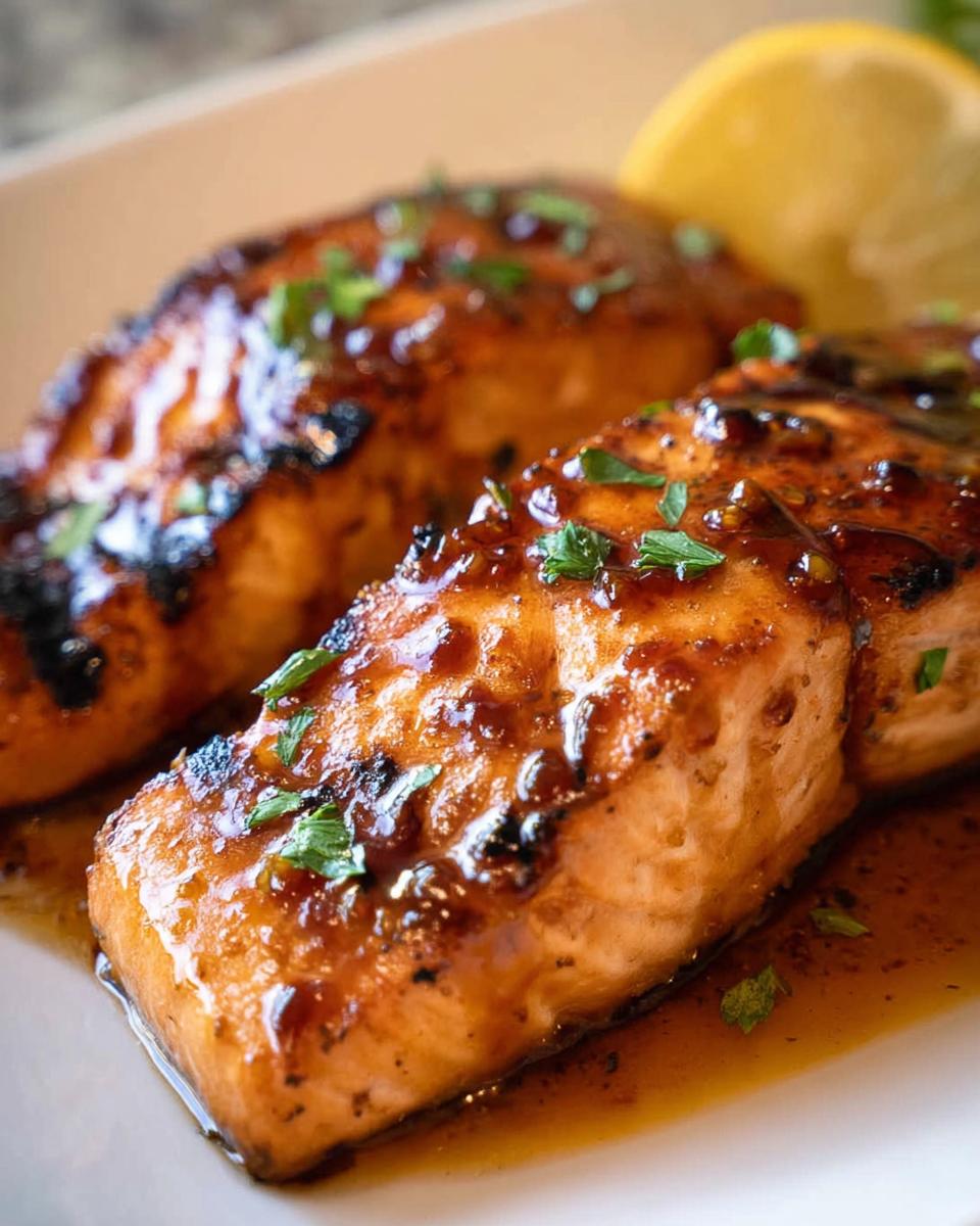 Close-up of perfectly grilled salmon fillets glazed with a shiny sauce and sprinkled with fresh parsley, served with a lemon wedge.
