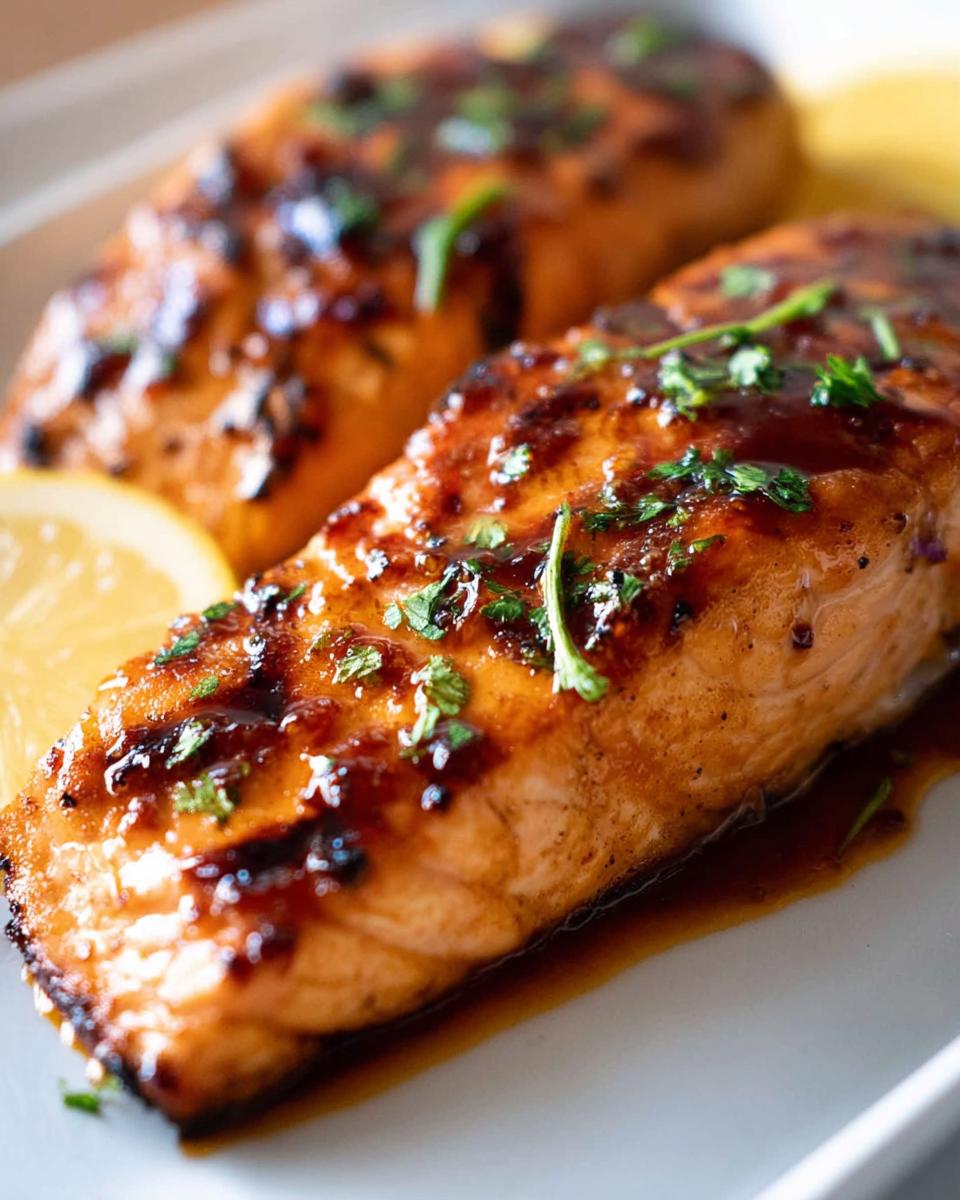 Close-up of two glistening fillets of grilled salmon, glazed with a dark sauce and sprinkled with fresh parsley, served with a lemon wedge.