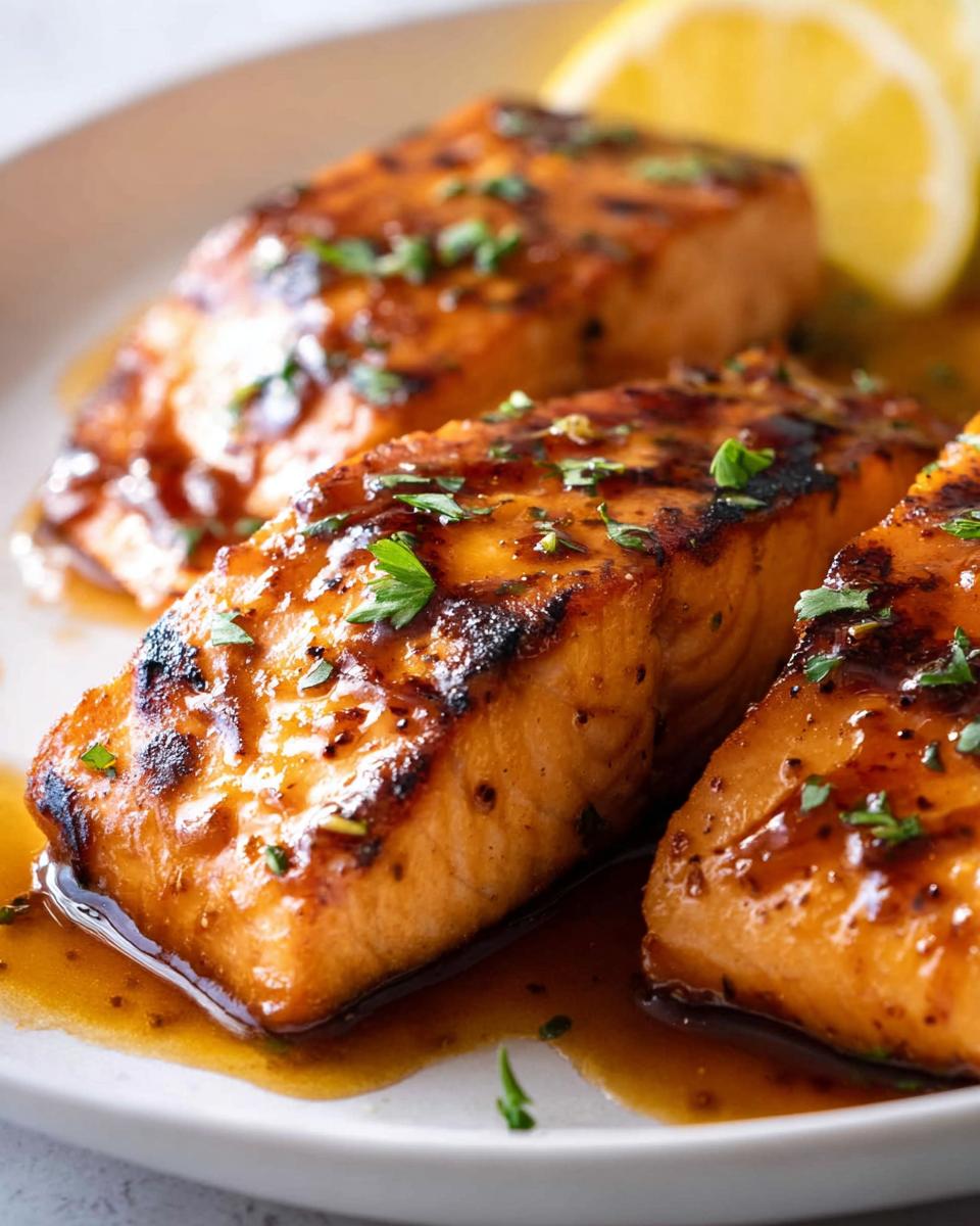 Close-up of three perfectly grilled salmon fillets, glazed and garnished with parsley, served with lemon wedges.