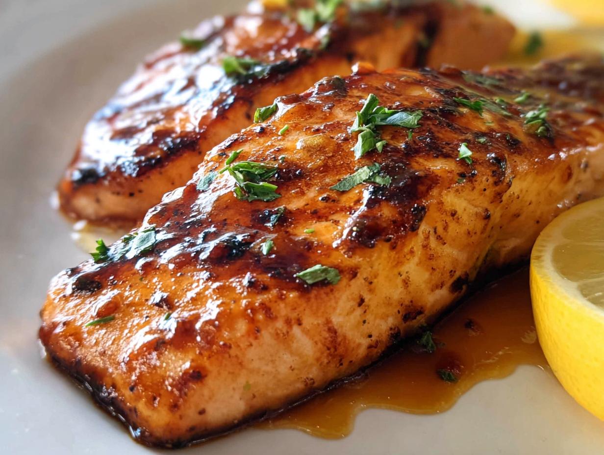 Close-up of perfectly cooked grilled salmon for beginners, glazed and garnished with parsley, served with lemon.