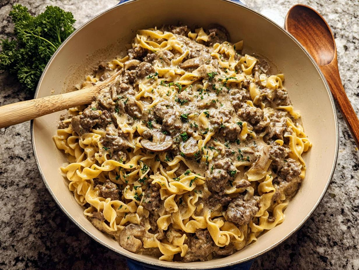 A large skillet filled with creamy Ground Beef Stroganoff mixed with egg noodles and mushrooms, garnished with parsley.