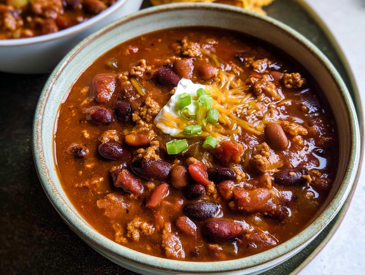 A close-up bowl of hearty Ground Turkey Chili, topped with sour cream, shredded cheese, and green onions.
