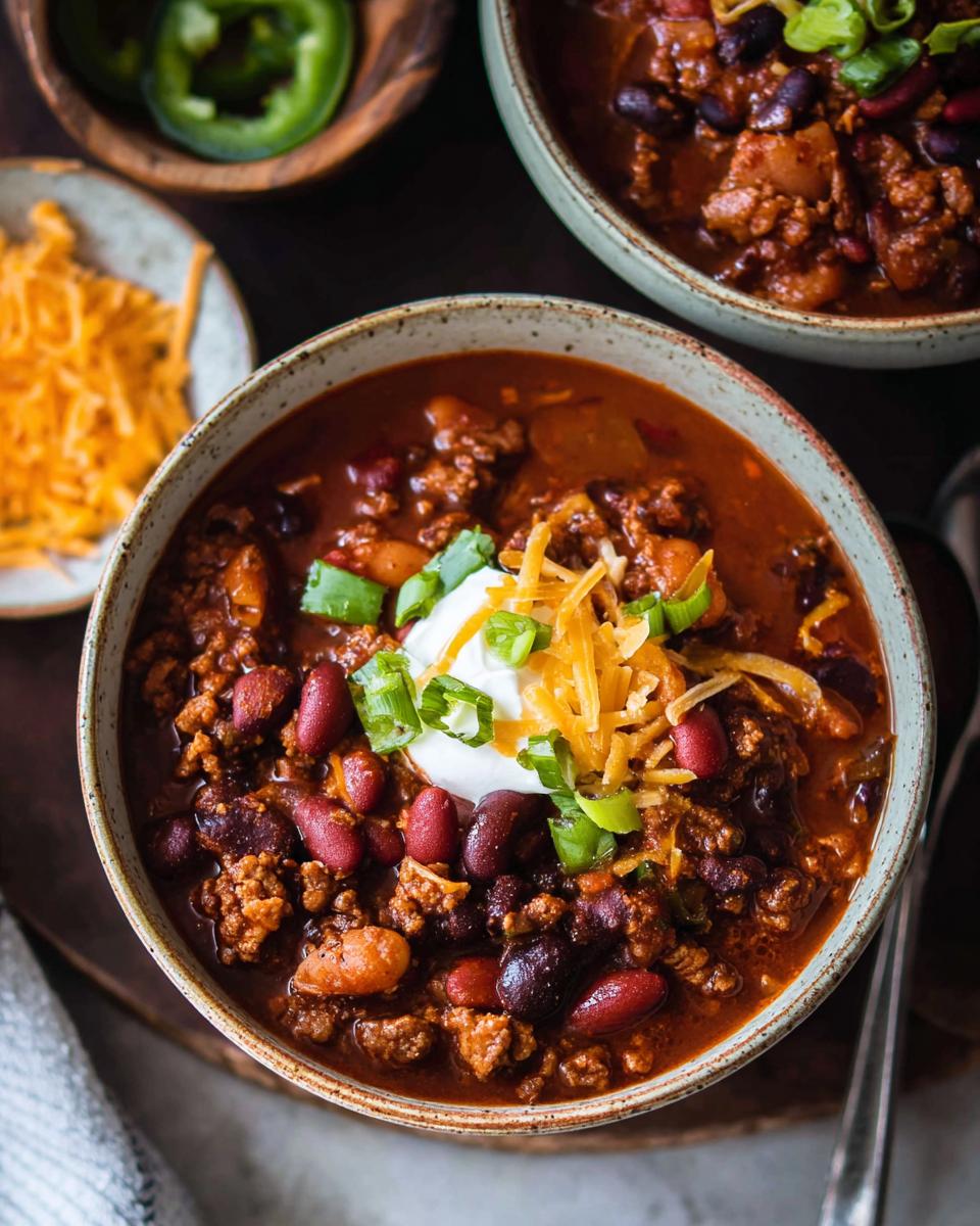 A close-up of a delicious bowl of Ground Turkey Chili (Stovetop), topped with sour cream, shredded cheese, and green onions.