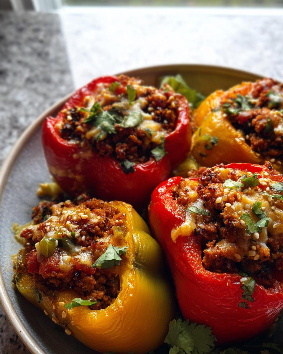 Close-up of colorful ground turkey stuffed peppers, topped with melted cheese and fresh cilantro.
