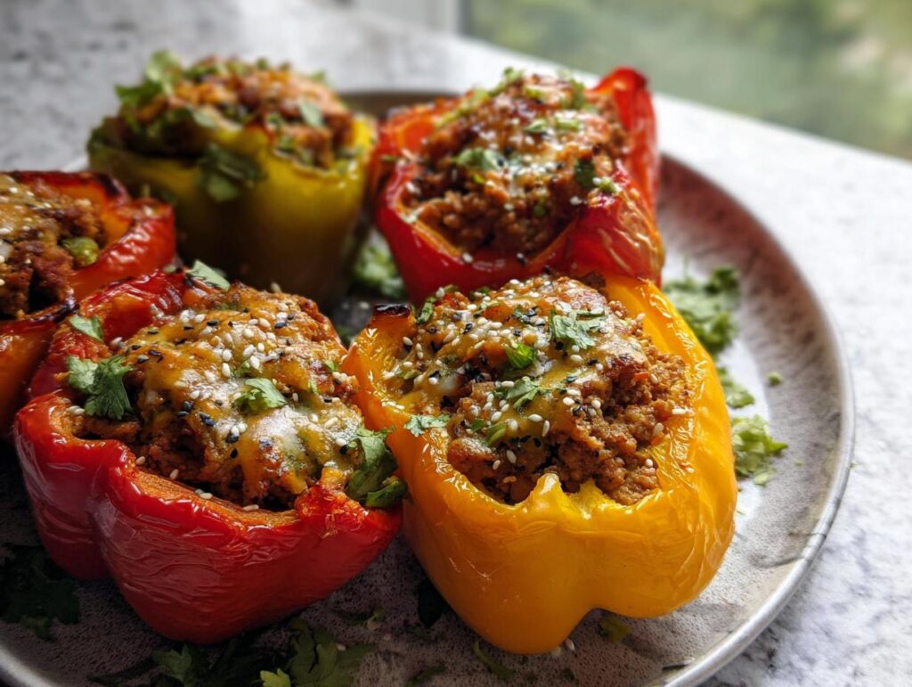 Close-up of colorful ground turkey stuffed peppers, topped with melted cheese, sesame seeds, and cilantro.
