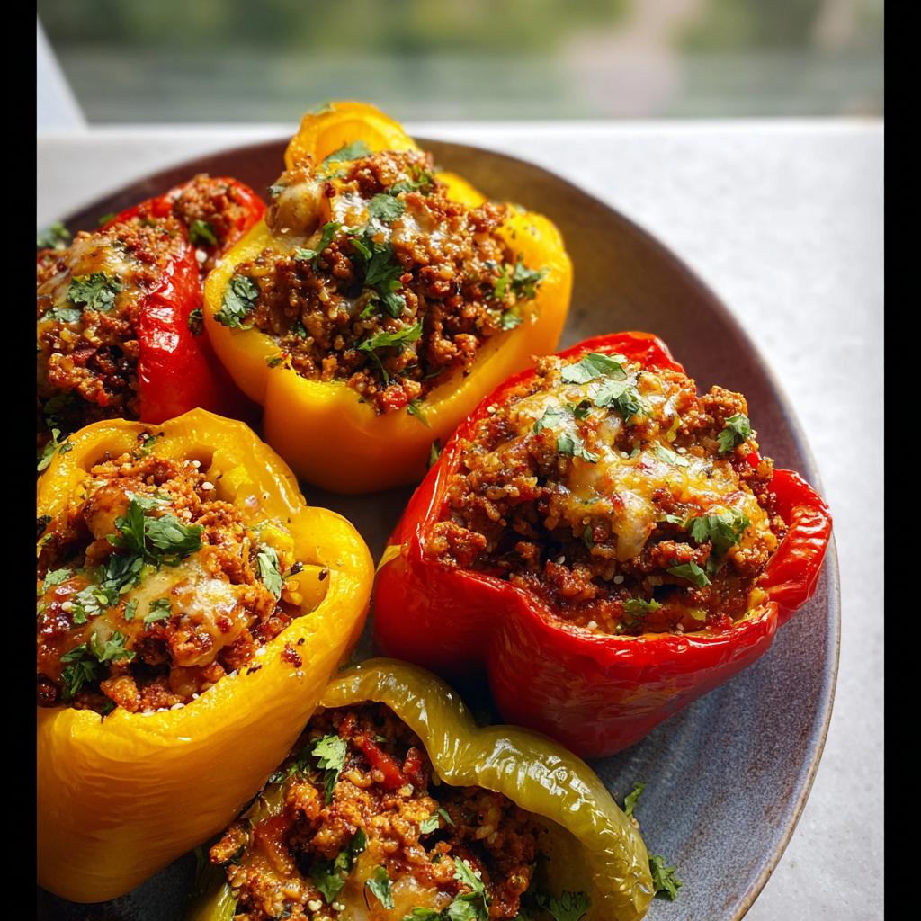 A plate of colorful Ground Turkey Stuffed Peppers, generously filled and topped with melted cheese and fresh herbs.