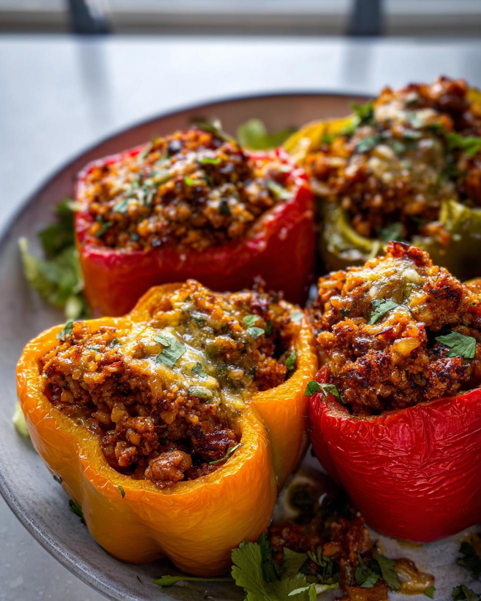 A close-up of colorful Ground Turkey Stuffed Peppers, baked with melted cheese and garnished with fresh parsley.