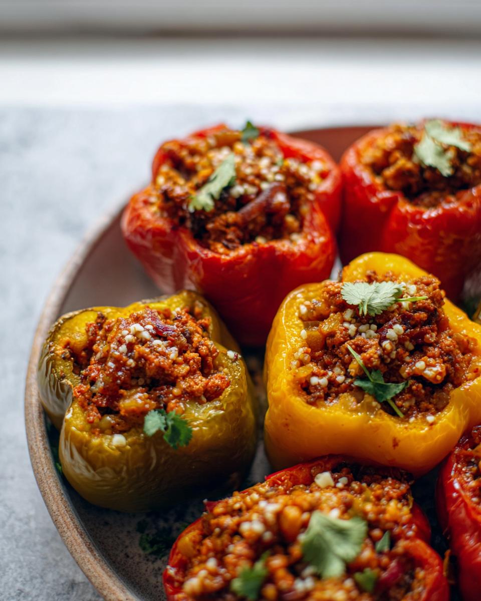 Close-up of colorful Ground Turkey Stuffed Peppers filled with a savory mixture and garnished with cilantro.