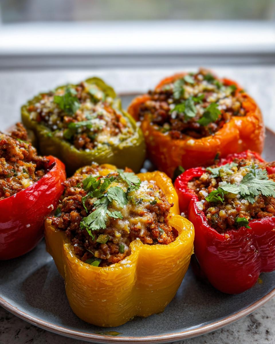 A platter of colorful ground turkey stuffed peppers, topped with melted cheese and fresh cilantro.