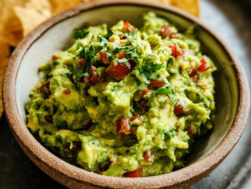 Close-up of chunky Guacamole with Lime and Cilantro, topped with diced tomatoes and herbs, served in a rustic bowl.