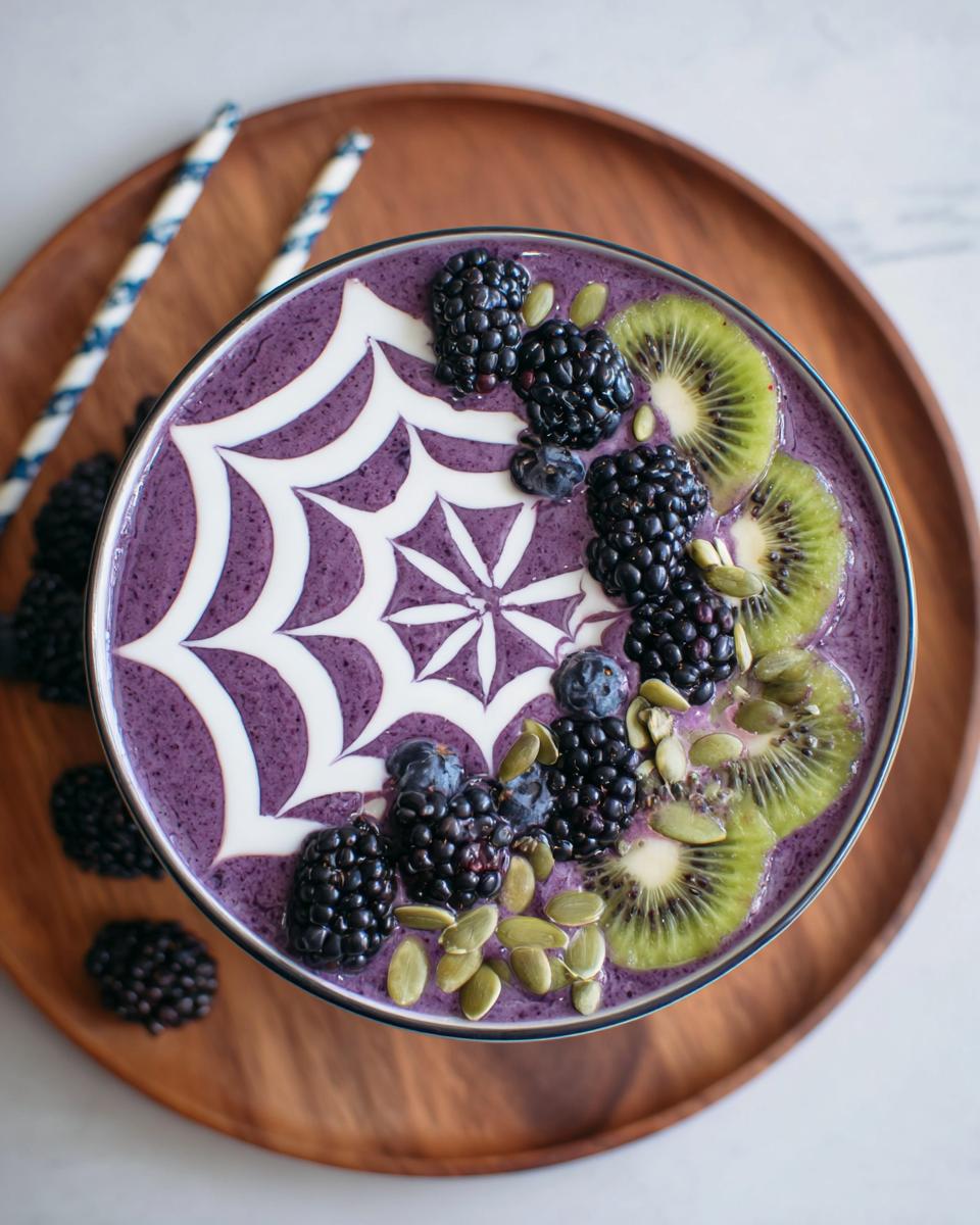 A spooky Halloween smoothie bowl with a purple base, topped with blackberries, kiwi slices, pumpkin seeds, and a white spiderweb design.