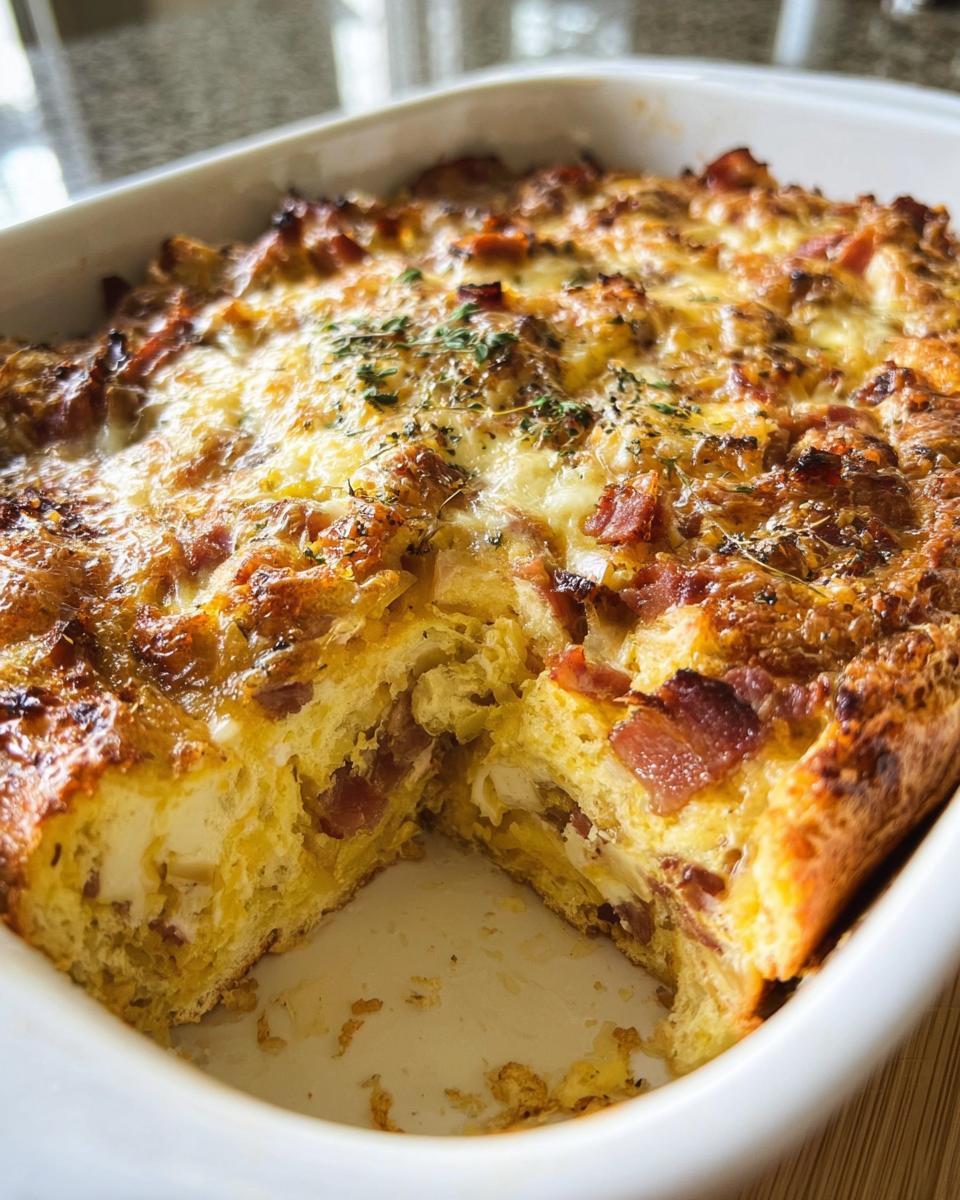 A golden brown Ham and Cheese Breakfast Casserole baked in a white dish with a serving removed.