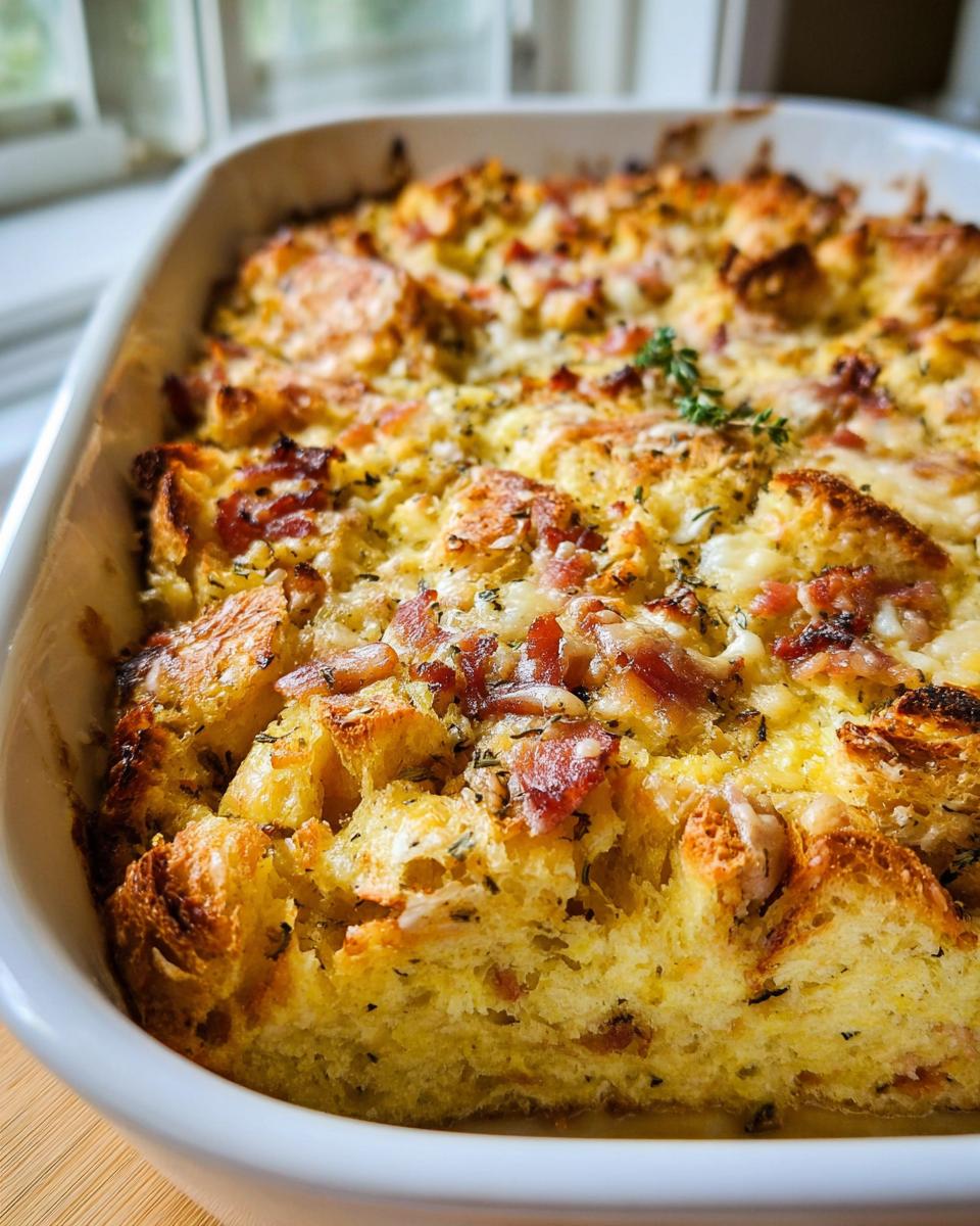 Close-up of a baked Ham and Cheese Breakfast Casserole in a white dish, featuring golden bread cubes, melted cheese, and bacon bits.