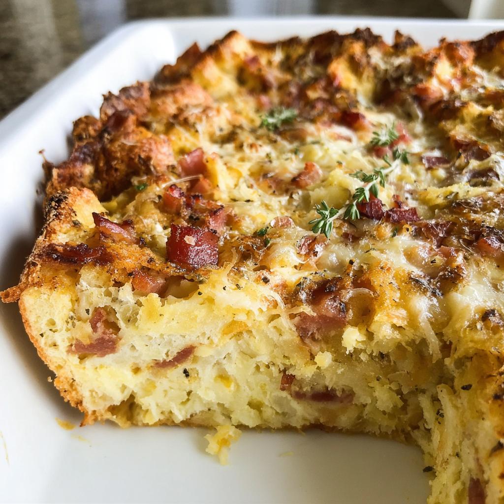 A close-up, tasty shot of a slice removed from a baked Ham and Cheese Breakfast Casserole, showing cheesy, eggy layers and ham pieces.