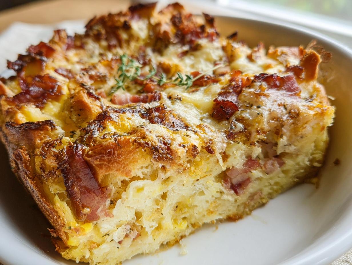 Close-up of a golden-brown slice of Ham and Cheese Breakfast Casserole topped with melted cheese and bacon.