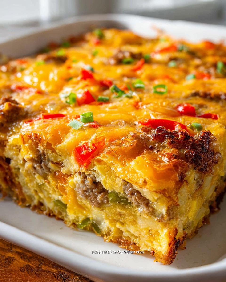 A close-up slice of Hash Brown Egg Bake showing layers of crispy potatoes, sausage, eggs, and melted cheddar cheese topping.