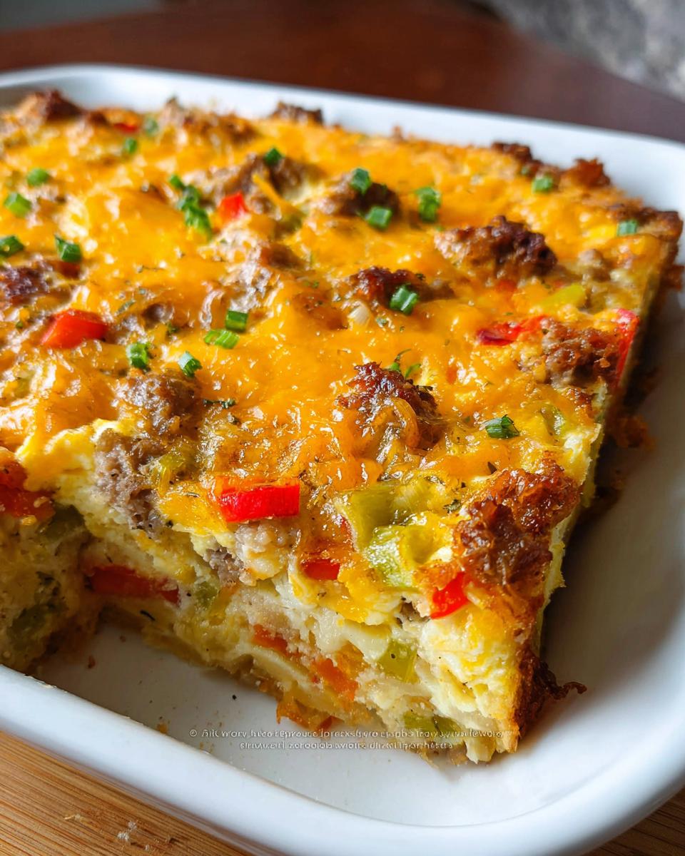 Close-up of a serving of Hash Brown Egg Bake with melted cheddar cheese, sausage, and peppers.