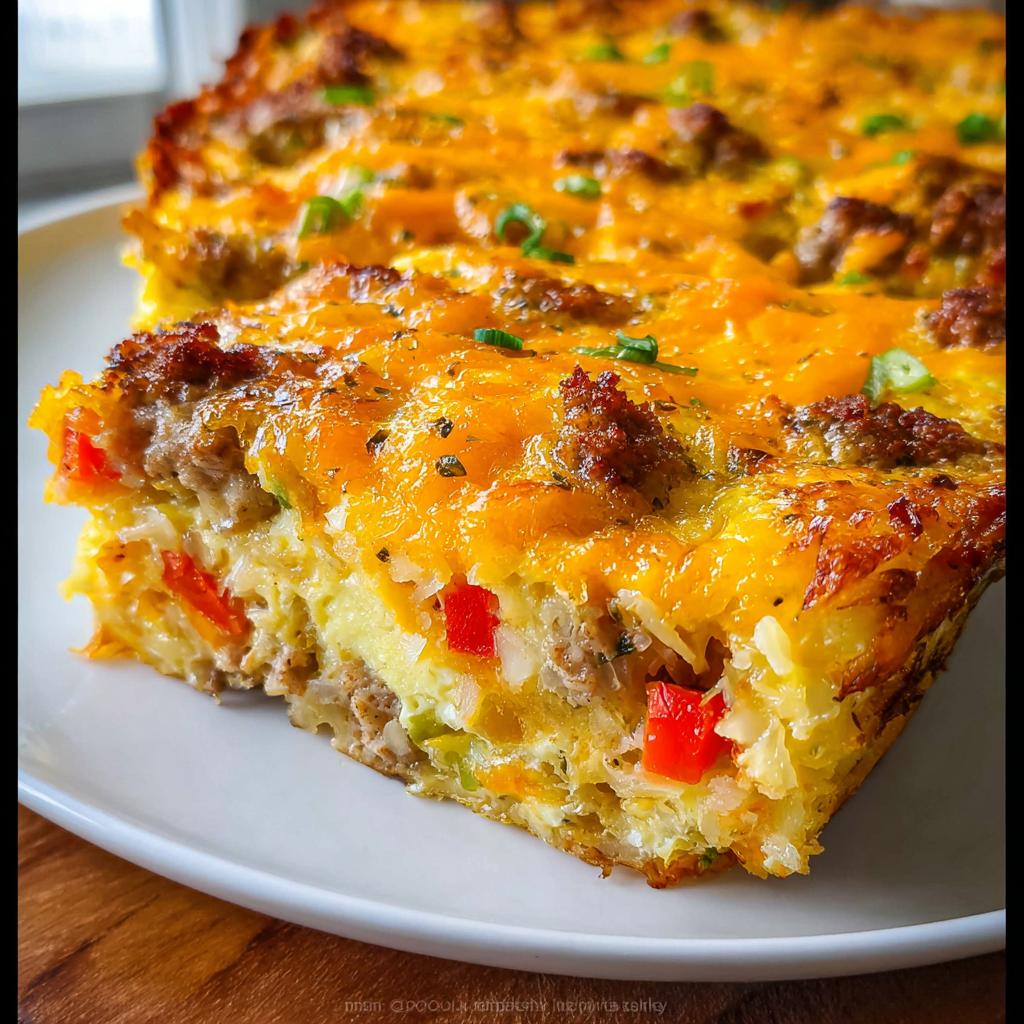 A thick, golden slice of Hash Brown Egg Bake featuring sausage, peppers, and melted cheddar cheese on a white plate.