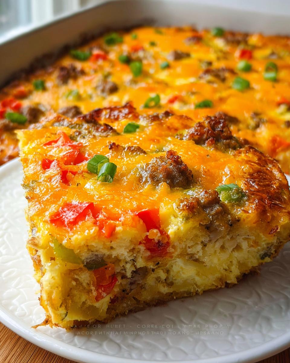 A thick slice of Hash Brown Egg Bake topped with melted cheddar, sausage, and green onions, served on a white plate.