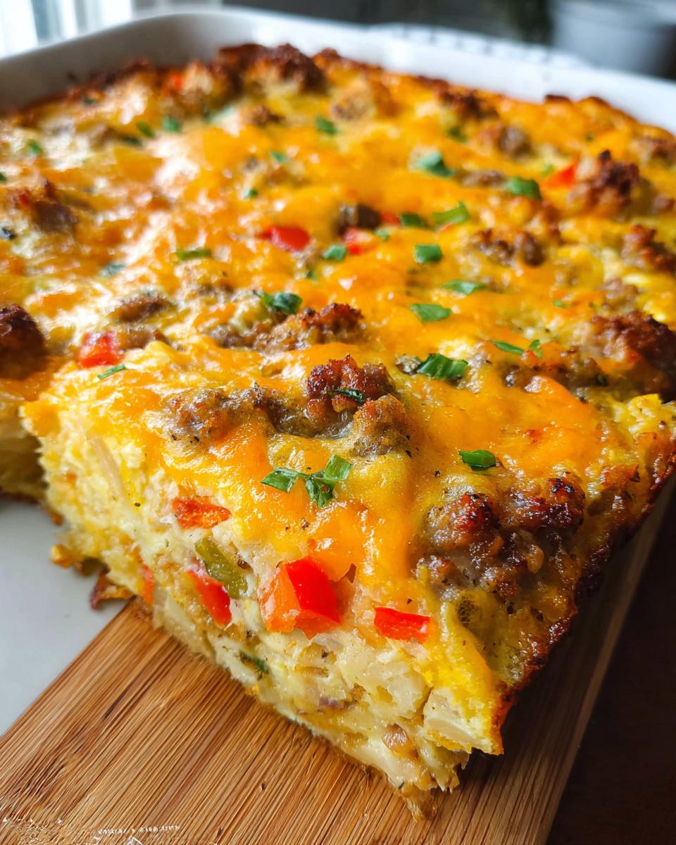 A close-up of a thick slice of Hash Brown Egg Bake showing layers of potatoes, sausage, peppers, and melted cheddar cheese.