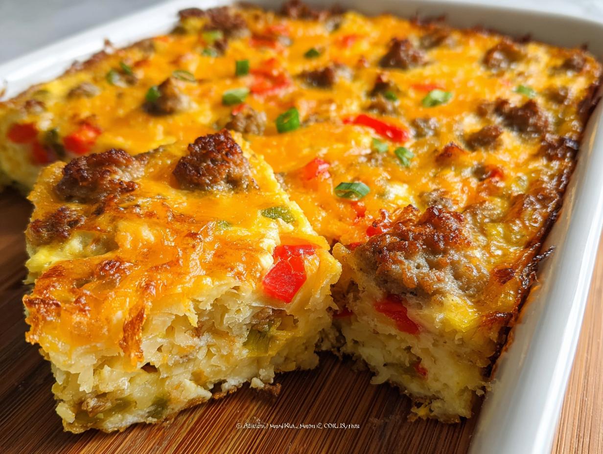 A close-up of a square slice cut from a Hash Brown Egg Bake, showing crispy edges, a cheesy top, and a dense hash brown base.