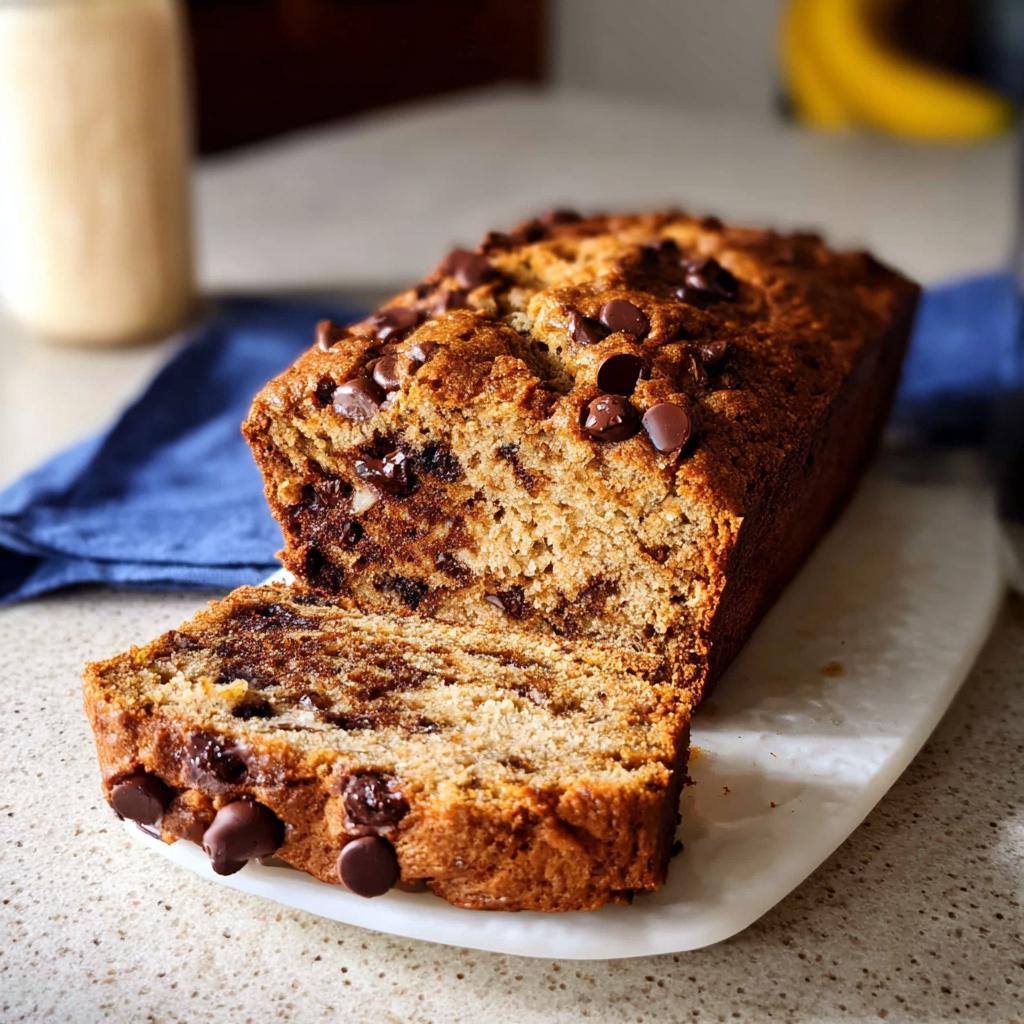 A loaf of moist Healthy Banana Bread (Whole Wheat) studded with chocolate chips, with one slice partially cut.
