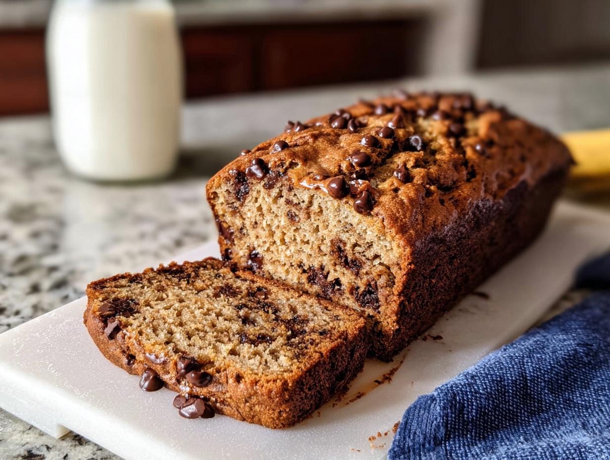 A loaf of moist Healthy Banana Bread (Whole Wheat) topped with chocolate chips, with one slice cut and resting in front.